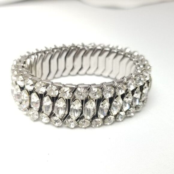 Vintage Three Row Rhinestone Expansion Bracelet, Marquise Shape, Estate - Picture 6 of 6
